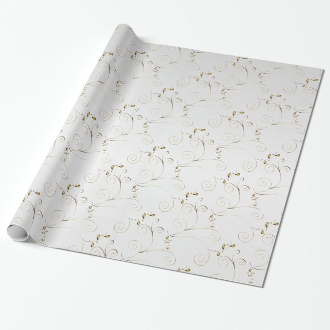 Gold Damask on White Faux Satin | Wedding Wrapping Paper (Unrolled)