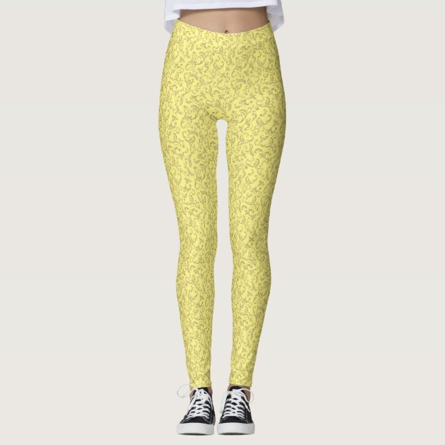 Gold Damask on Yellow Leggings - Easter Yoga Pants (Front)