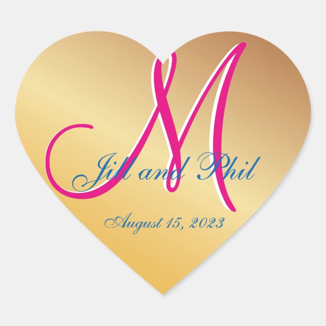 Gold Damask Orange Yellow 3d Monogram Heart Sticker (Front)