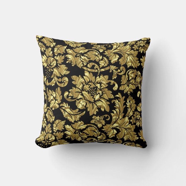 Gold Damask Over Black Background Cushion (Front)