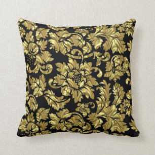 Gold Damask Over Black Background Cushion