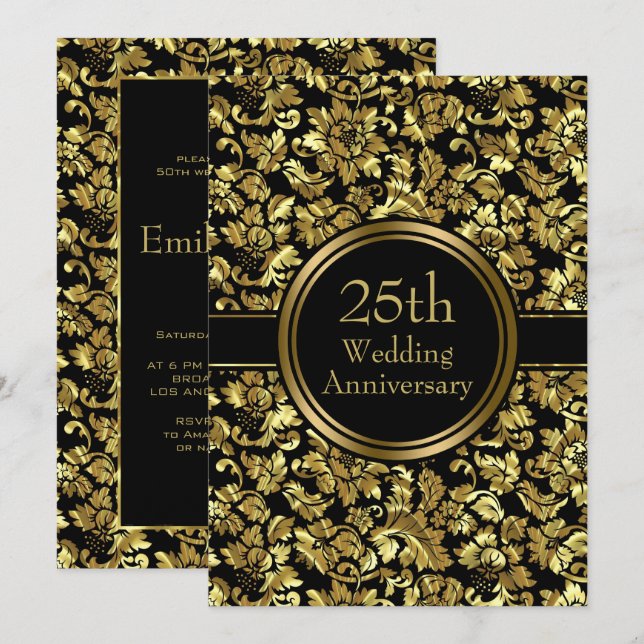 Gold Damask Over Black Background Invitation (Front/Back)