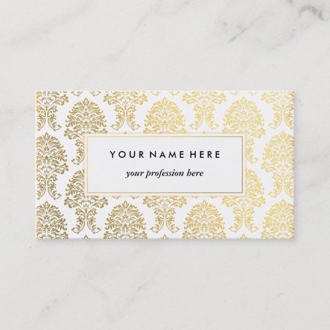 Gold Damask Pattern Business Card Template (Front)