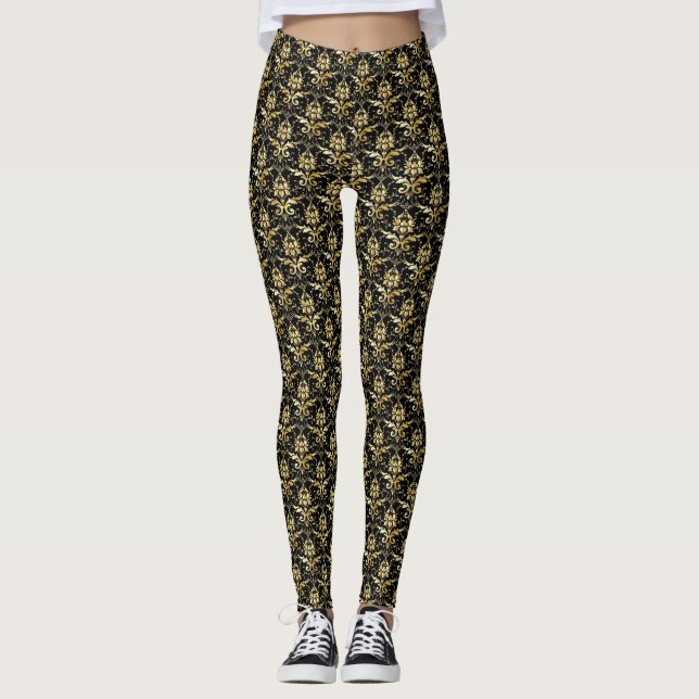 Gold Damask Pattern on Black Background Leggings (Front)