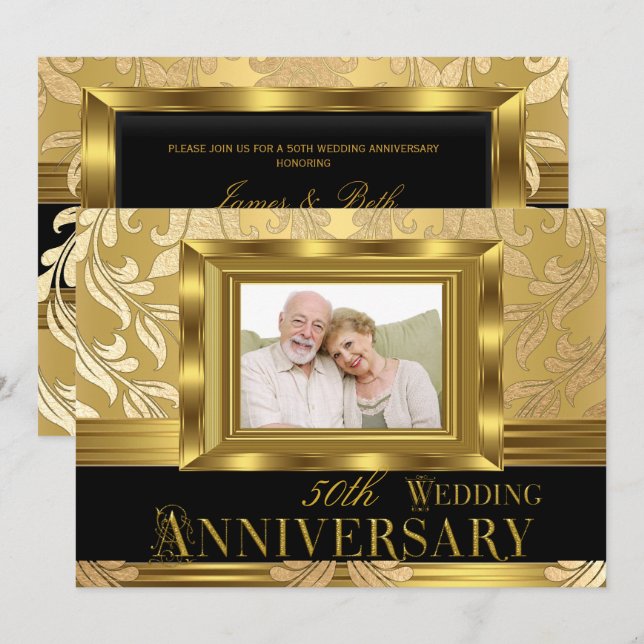 Gold Damask Photo 50th Wedding Anniversary Invitation (Front/Back)