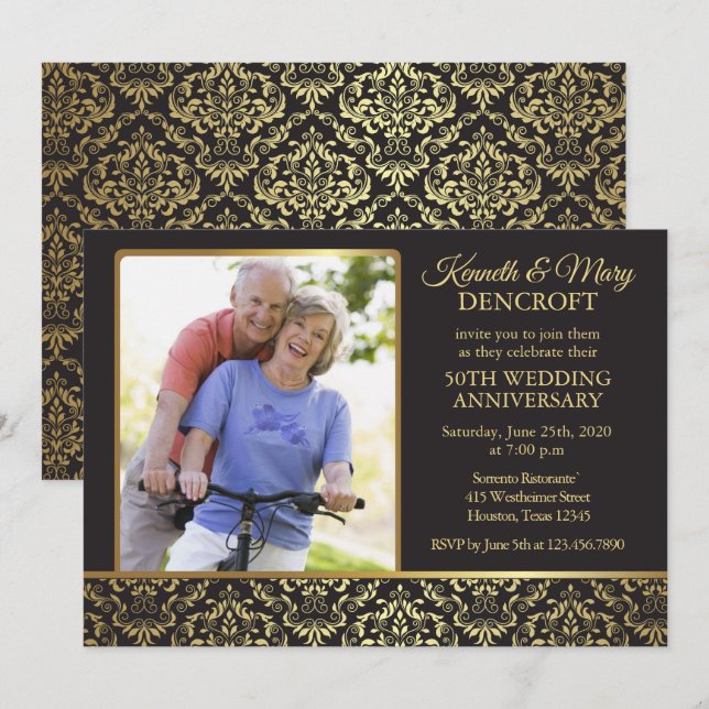 Gold Damask Photo 50th Wedding Anniversary Invite (Front/Back)