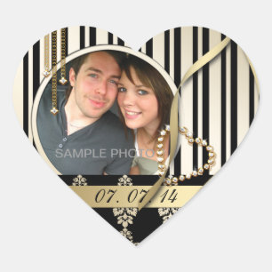 Gold Damask Photo Save the Date Labels Heart Shape