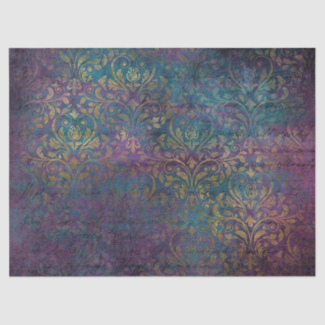 Gold Damask Purple Pink Teal Decoupage Tissue Paper (Front)
