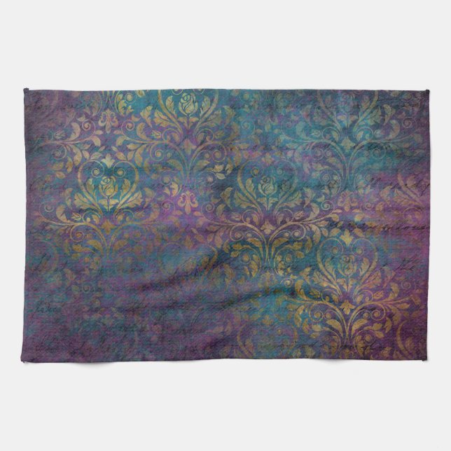 Gold Damask Purple Pink Teal Tea Towel (Horizontal)