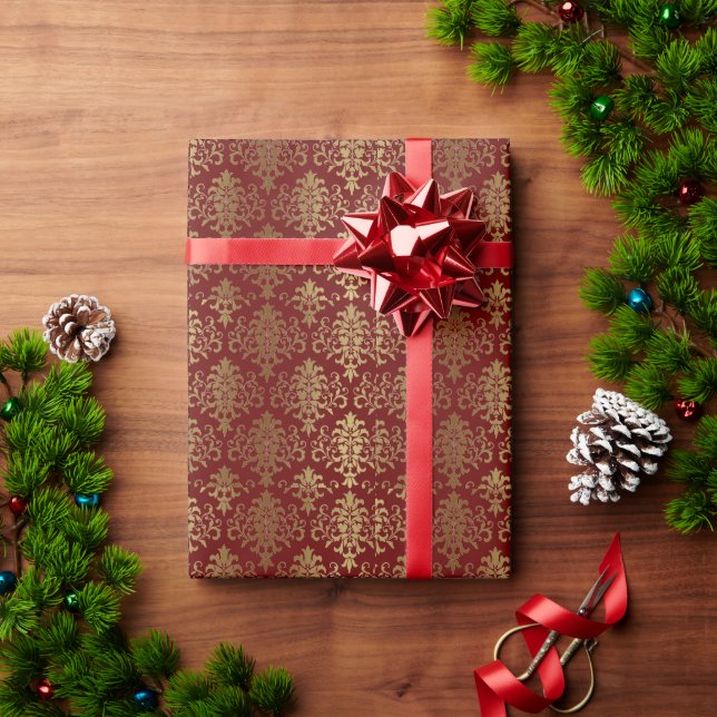 Gold Damask Red Elegant Holiday Christmas Wrapping Paper (Holiday Gift)