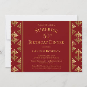 Gold Damask Red Surprise 50th Birthday Dinner Invitation