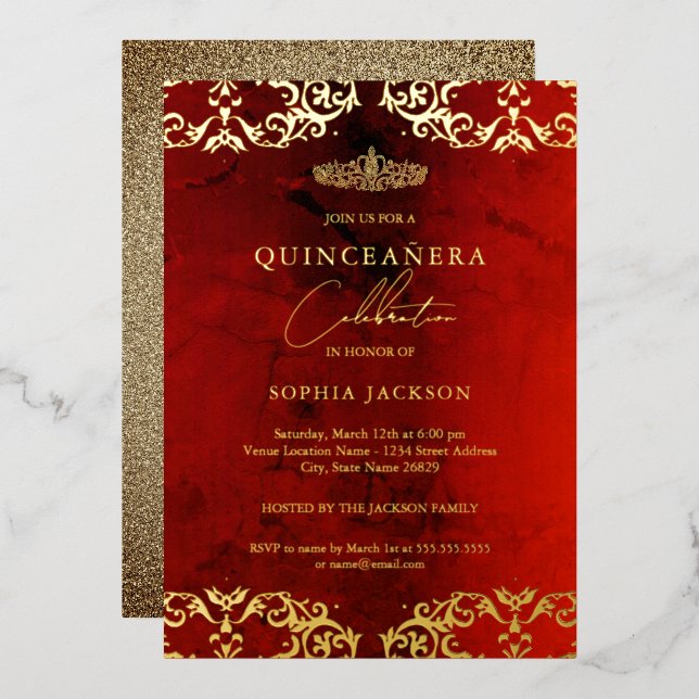 Gold Damask Ruby Red Quinceanera 15th (Front/Back)