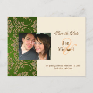 Gold damask, Save the Date Photo postcards, Announcement Postcard