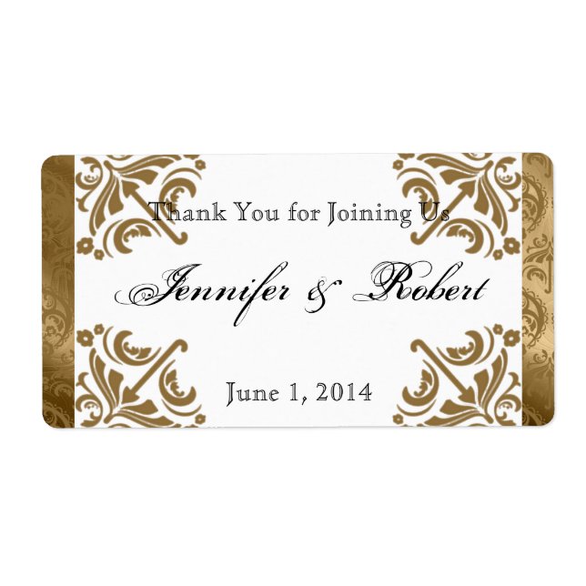 Gold Damask Silk Posh Water Bottle Label (Front)