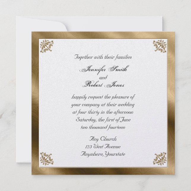 Gold Damask Silk Posh Wedding Invitation (Front)