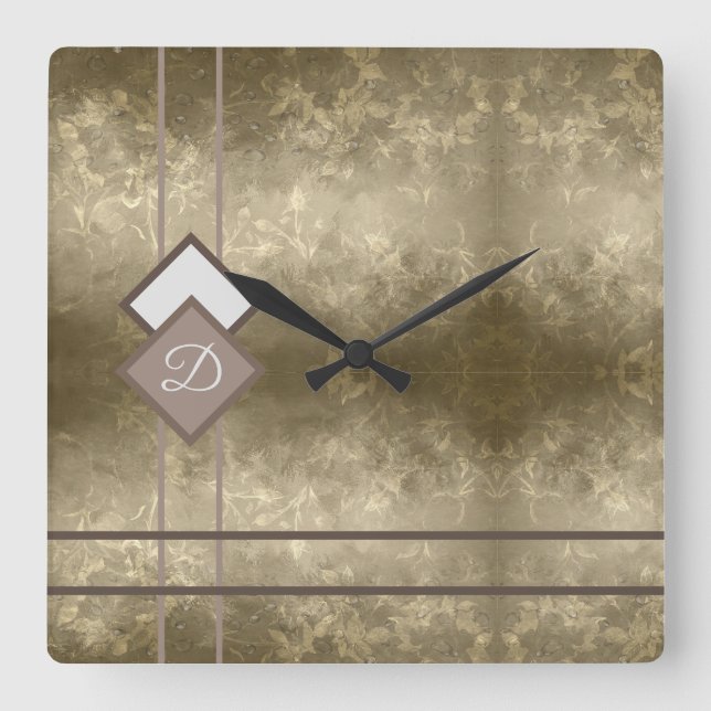 Gold damask square wall clock (Front)