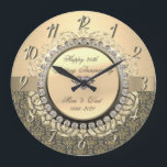 Gold  Damask Swirls 25th Wedding Anniversary Large Clock<br><div class="desc">Elegant gold diamonds on damask.</div>