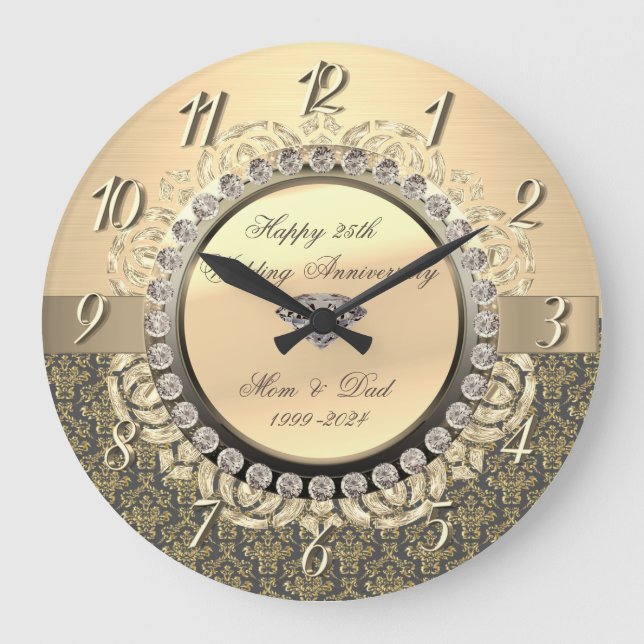 Gold  Damask Swirls 25th Wedding Anniversary Large Clock (Front)
