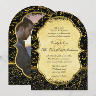 Gold Damask Swirls Wedding Invitation