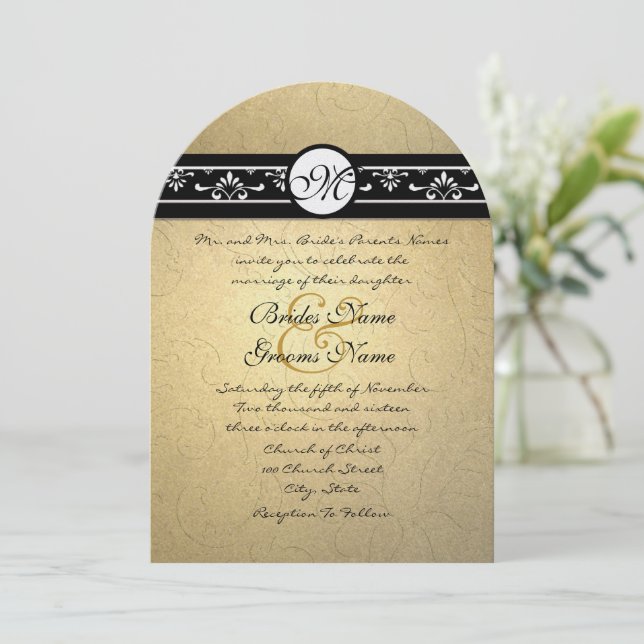 Gold Damask Swirls Wedding Invitation (Standing Front)