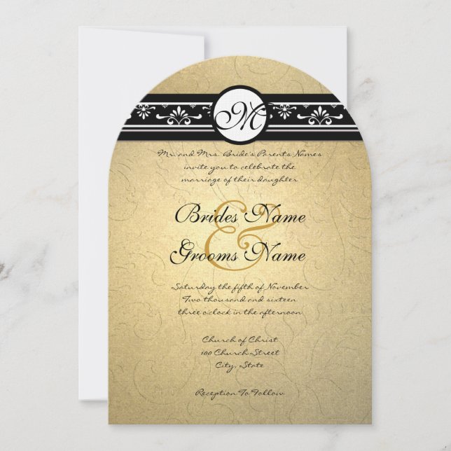 Gold Damask Swirls Wedding Invitation 5x7 (Front)