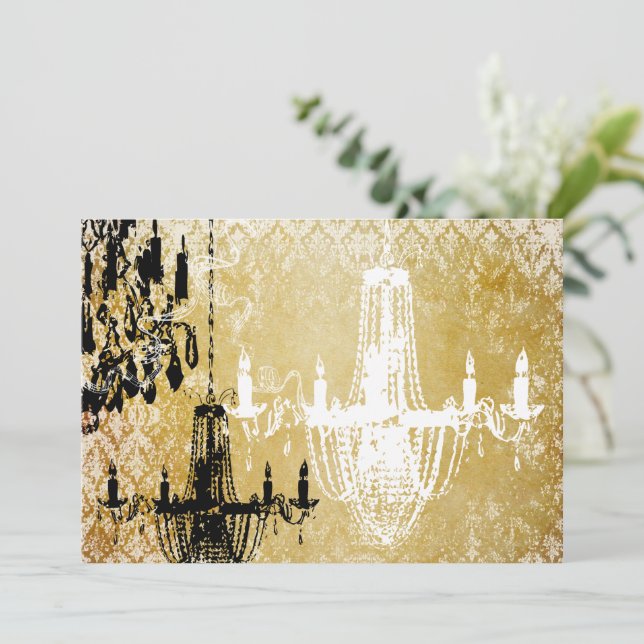 Gold Damask Vintage Chandelier Wedding Invitation (Standing Front)