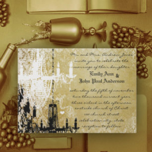 Gold Damask Vintage Chandelier Wedding Invitation