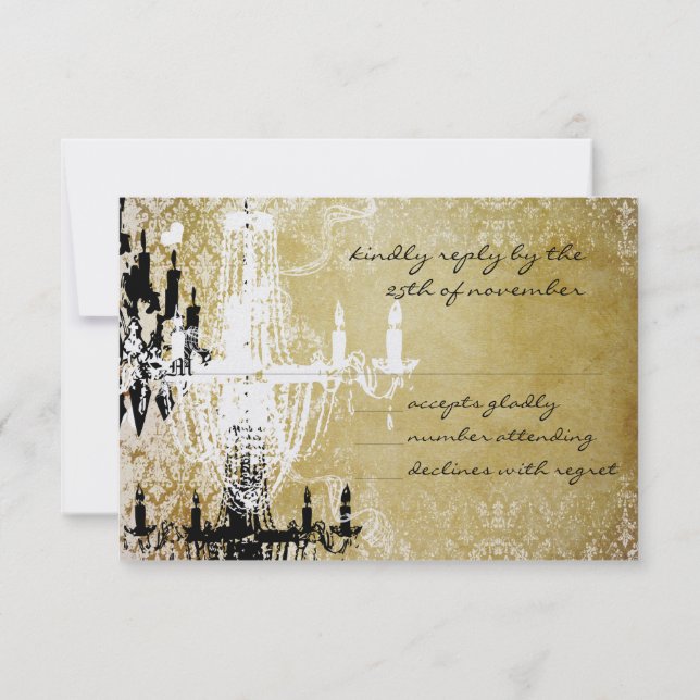 Gold Damask Vintage Chandelier Wedding Invitation (Back)