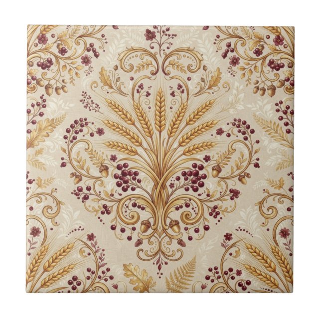 Gold Damask Vintage Floral Pattern Design Tile (Front)