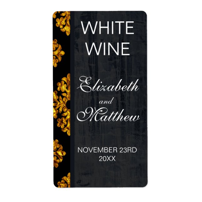 Gold Damask Wedding Wine Labels (Front)