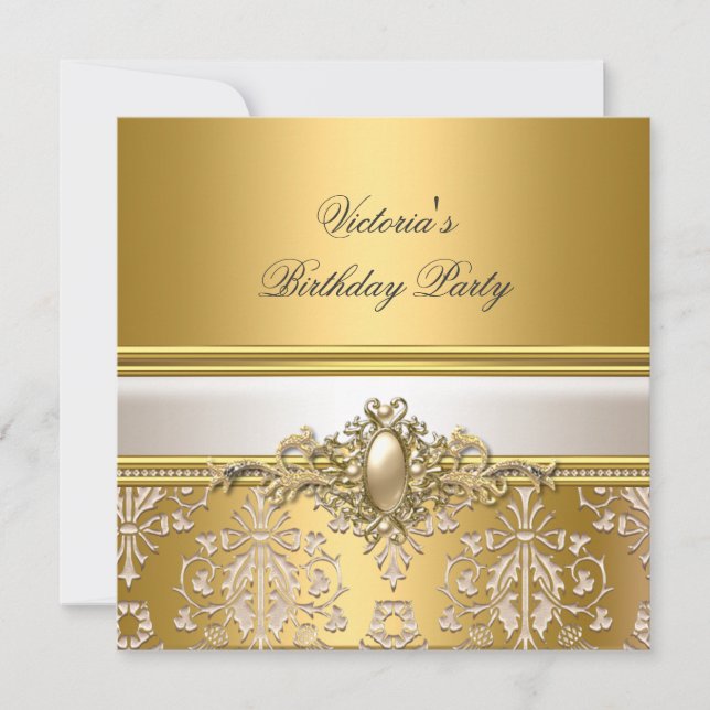 Gold Damask White Cream Birthday Party Pearl Invitation (Front)