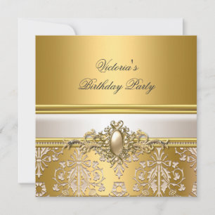 Gold Damask White Cream Birthday Party Pearl Invitation
