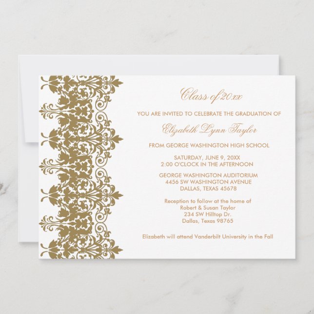 Gold Damask & White Graduation Announcement (Front)