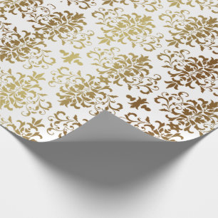 Gold Damask White Script Elegant Wrapping Paper