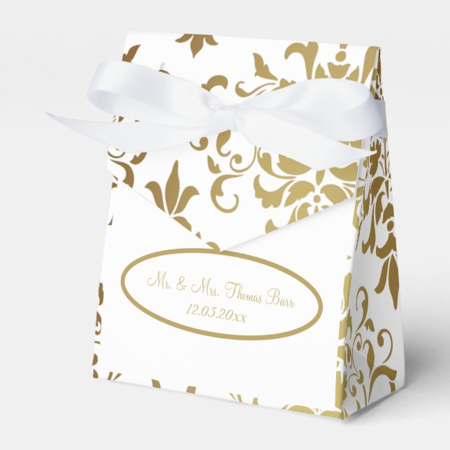 Gold Damask White Script Wedding Elegant Favour Box (Front Side)