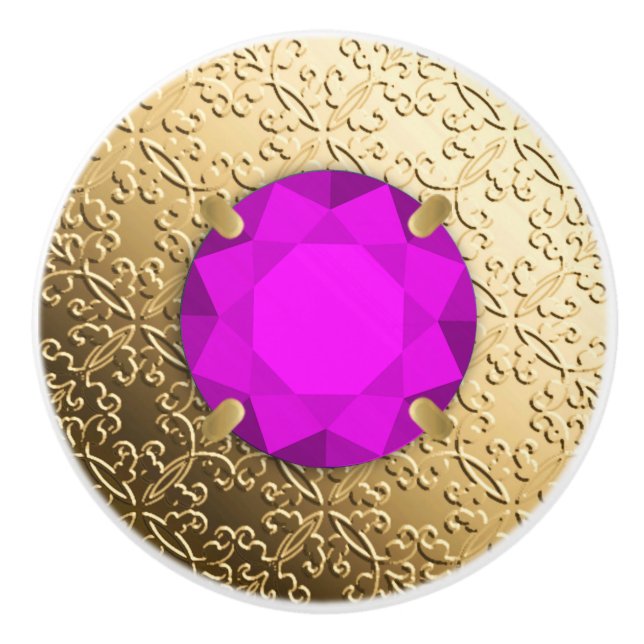 Gold Damask with a faux amethyst gemstone Ceramic Knob (Front)