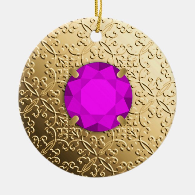 Gold Damask with a faux amethyst gemstone Ceramic Tree Decoration (Front)