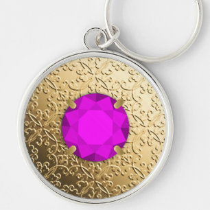 Gold Damask with a faux amethyst gemstone Key Ring