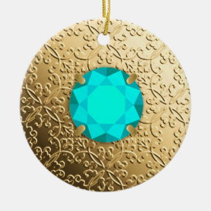 Gold Damask with a faux aquamarine gemstone Ceramic Tree Decoration