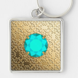 Gold Damask with a faux aquamarine gemstone Key Ring