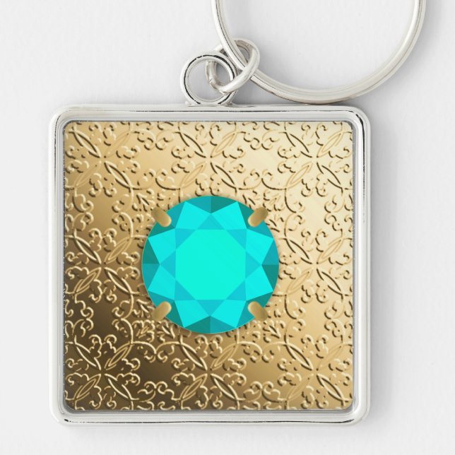 Gold Damask with a faux aquamarine gemstone Key Ring (Front)