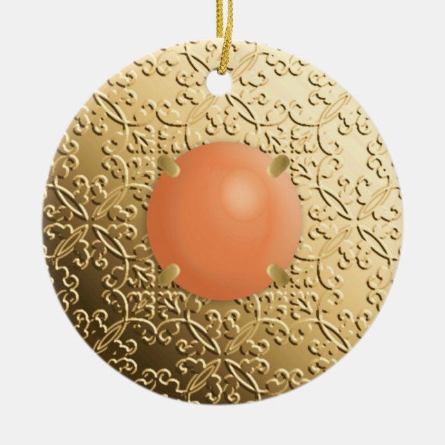 Gold Damask with a faux coral gemstone Ceramic Tree Decoration (Front)