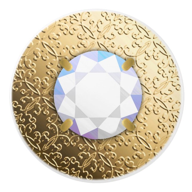 Gold Damask with a faux diamond gemstone Ceramic Knob (Front)