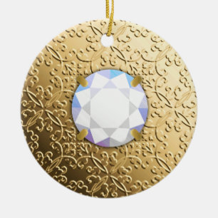 Gold Damask with a faux diamond gemstone Ceramic Tree Decoration