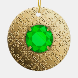 Gold Damask with a faux emerald gemstone Ceramic Tree Decoration