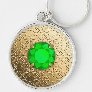 Gold Damask with a faux emerald gemstone Key Ring