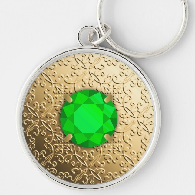 Gold Damask with a faux emerald gemstone Key Ring (Front)
