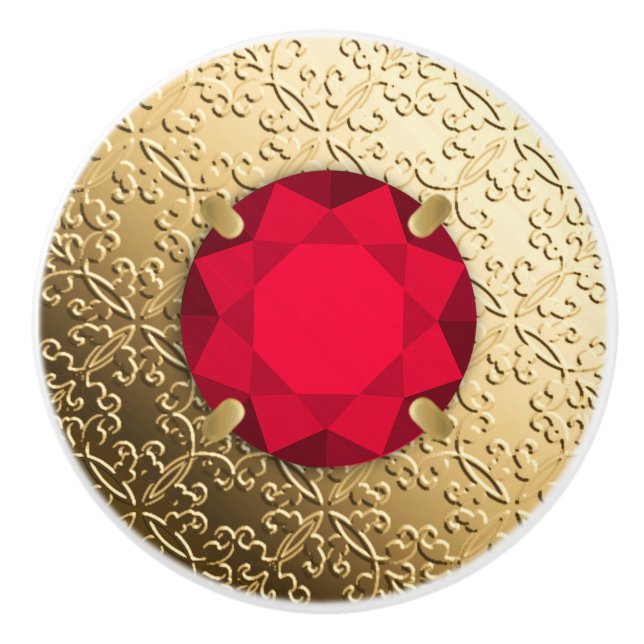 Gold Damask with a faux garnet gemstone Ceramic Knob (Front)