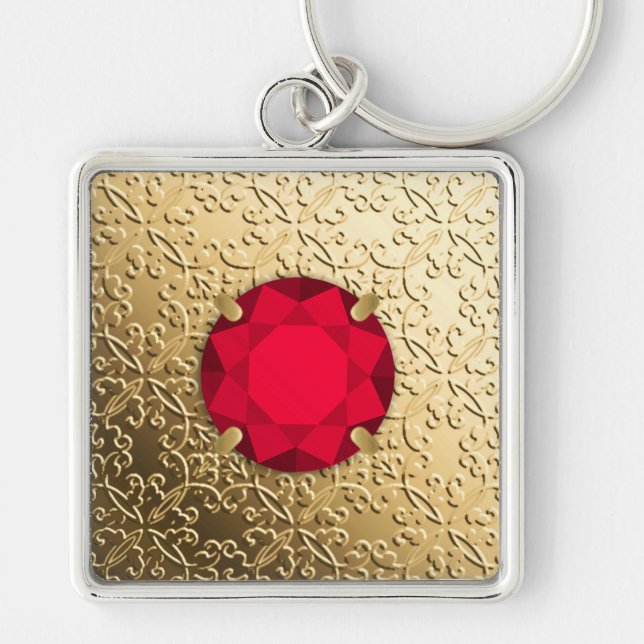 Gold Damask with a faux garnet gemstone Key Ring (Front)
