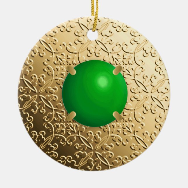 Gold Damask with a faux jade gemstone Ceramic Tree Decoration (Front)